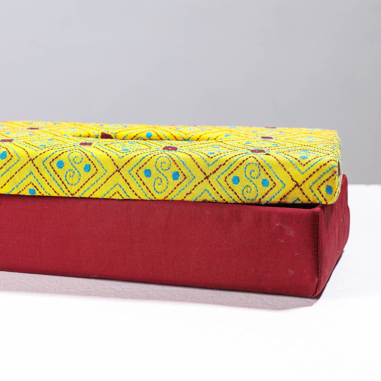 Yellow Handcrafted Bengal Kantha Work Tissue Box
