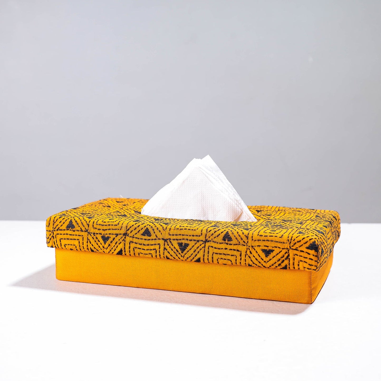 Yellow Handcrafted Bengal Kantha Work Tissue Box