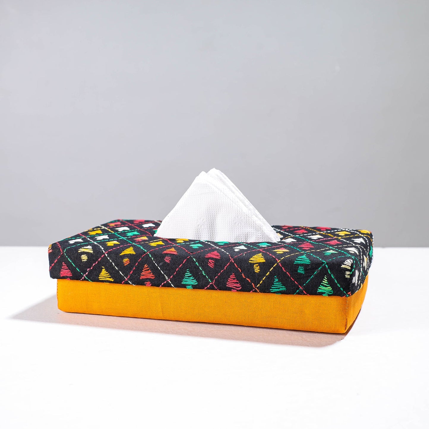 Yellow Handcrafted Bengal Kantha Work Tissue Box