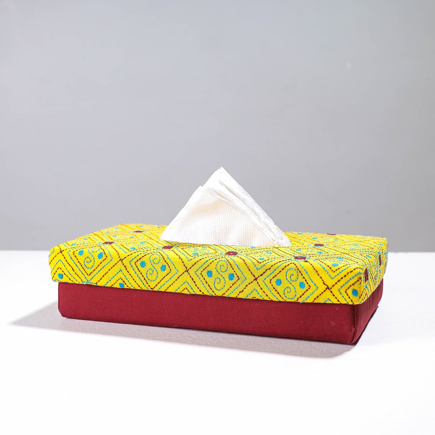 Yellow Handcrafted Bengal Kantha Work Tissue Box