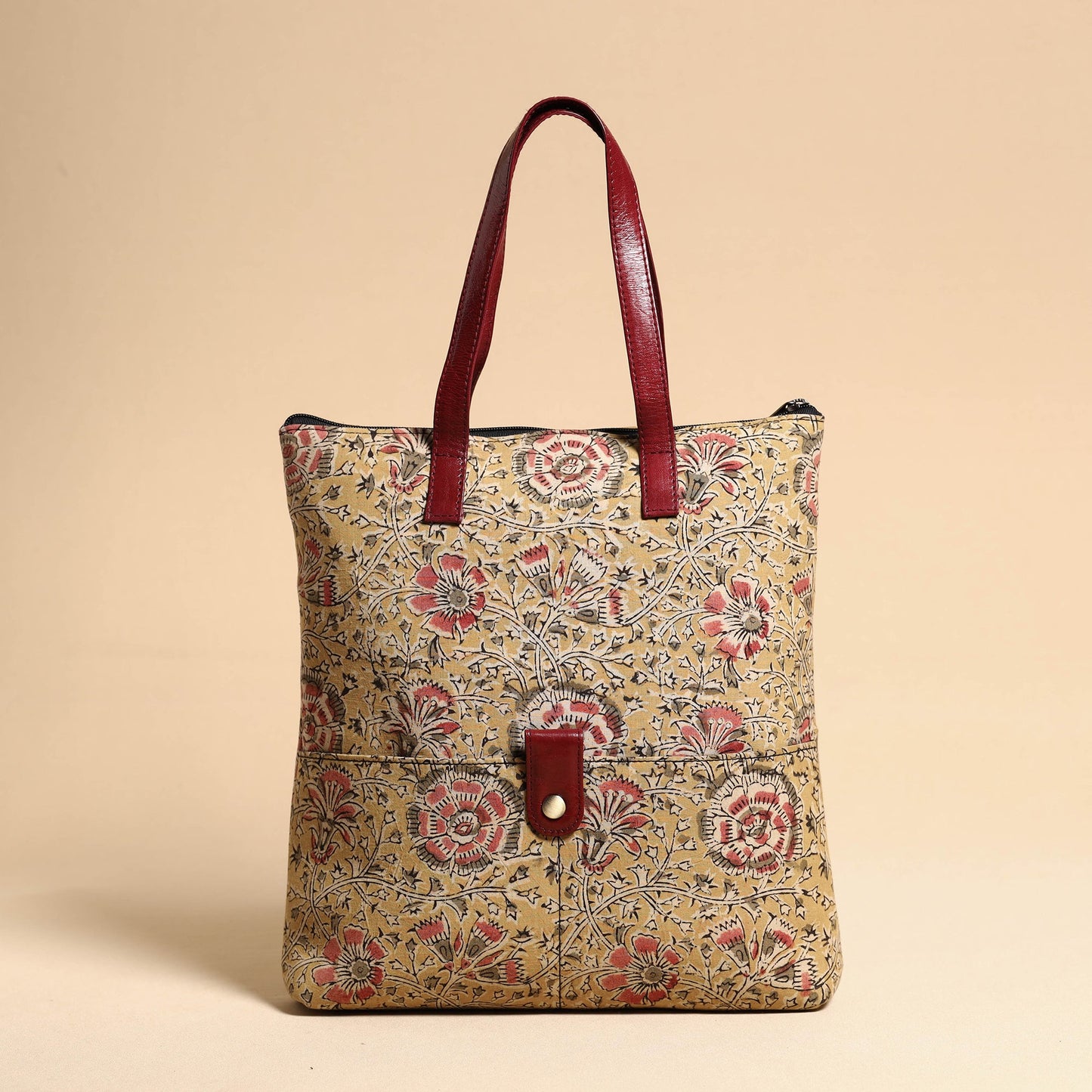 Handcrafted Kalamkari Block Printed Hand Bag with Leather Handle Online at iTokri.com