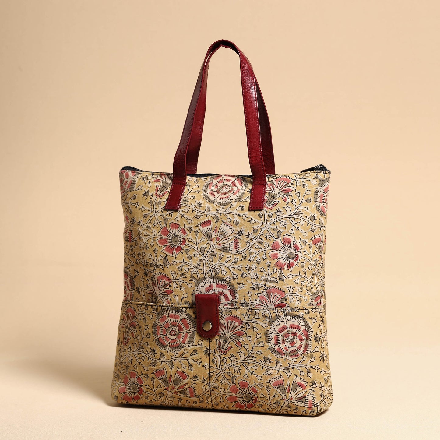 Handcrafted Kalamkari Block Printed Hand Bag with Leather Handle Online at iTokri.com