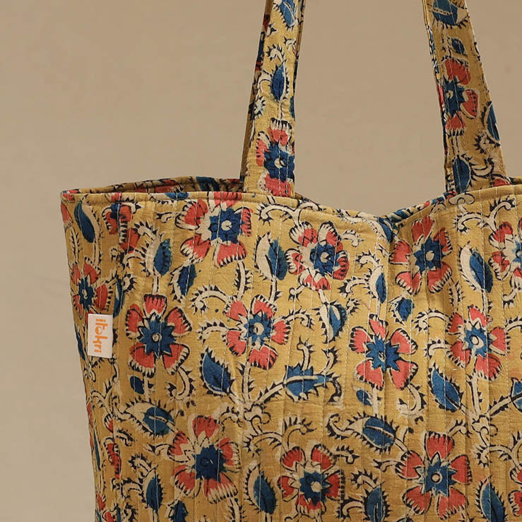 Handcrafted quilted kalamkari block printed fabric tote bag