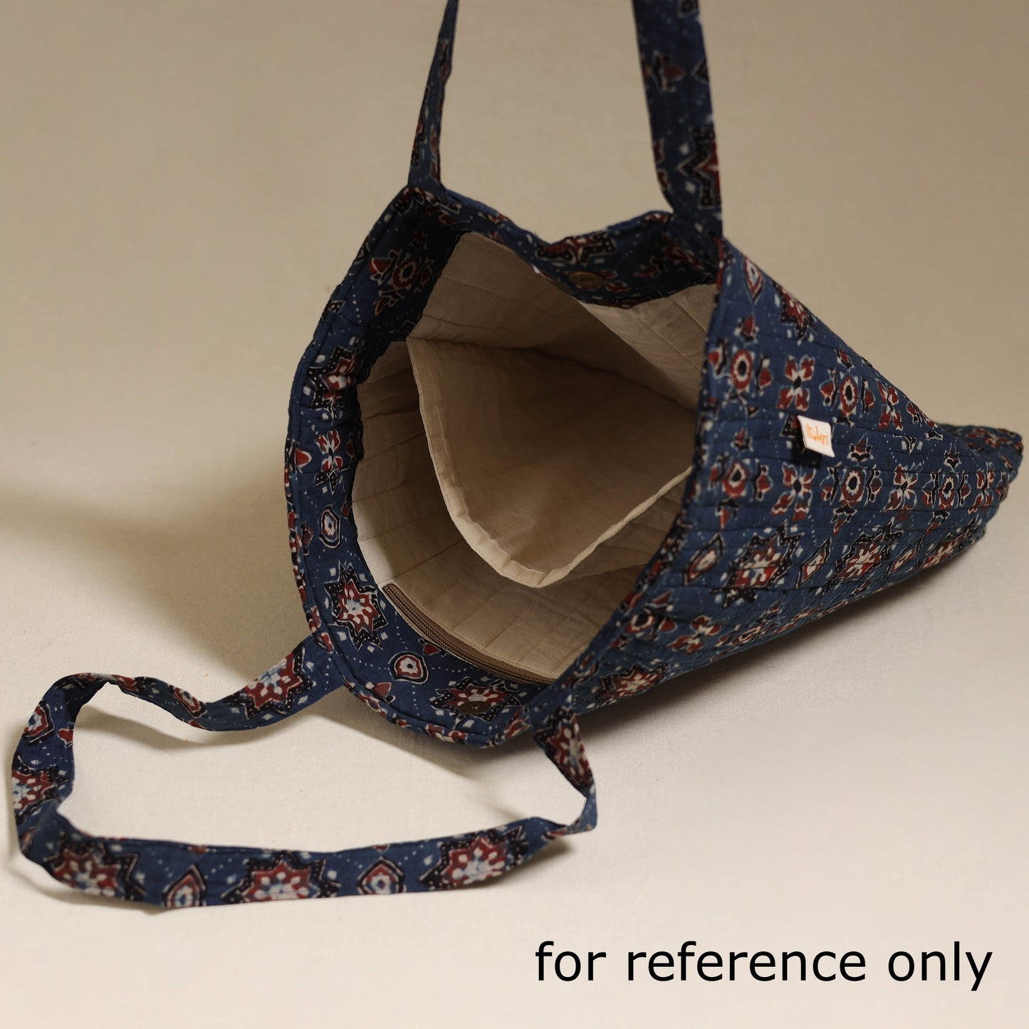 Handcrafted quilted kalamkari block printed fabric tote bag