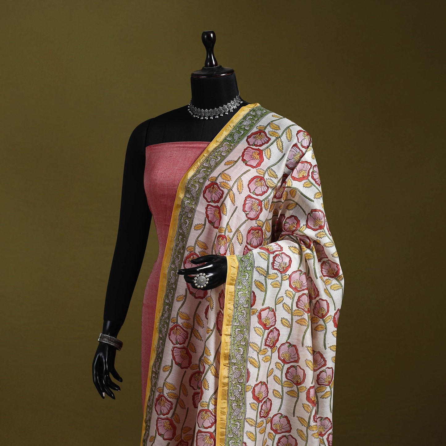 Yellow - handloom chanderi silk hand sanganeri dupatta 27