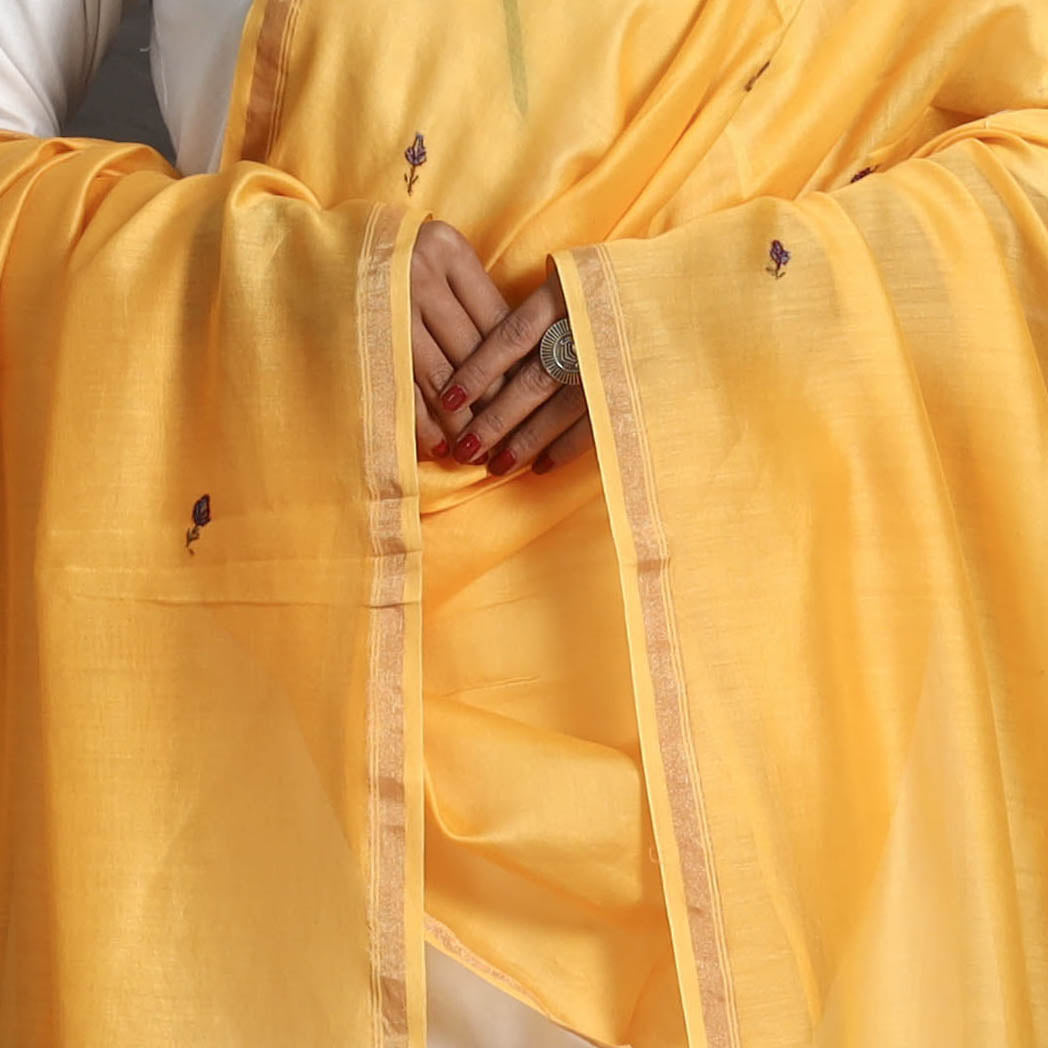 Yellow - handloom chanderi silk kashida embroidery dupatta