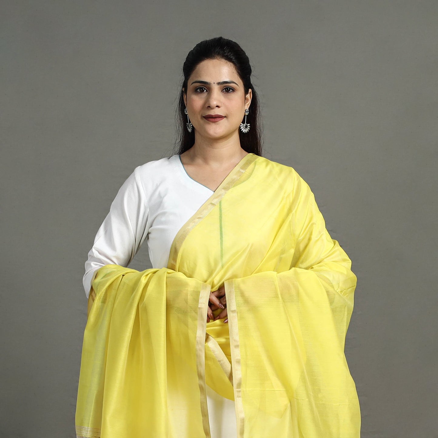 Yellow - handloom silk cotton zari work maheshwari dupatta