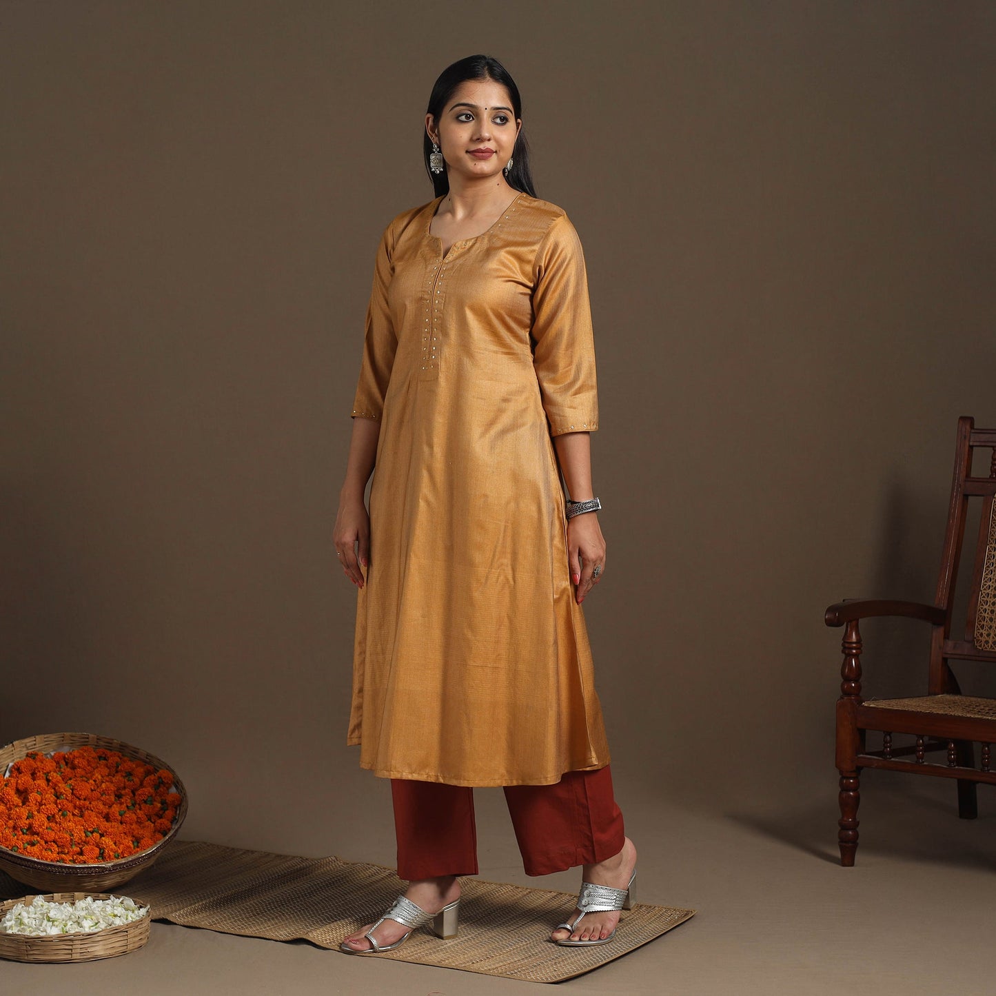 Yellow Handloom Tussar Silk Cotton A-Line Plain Kurta