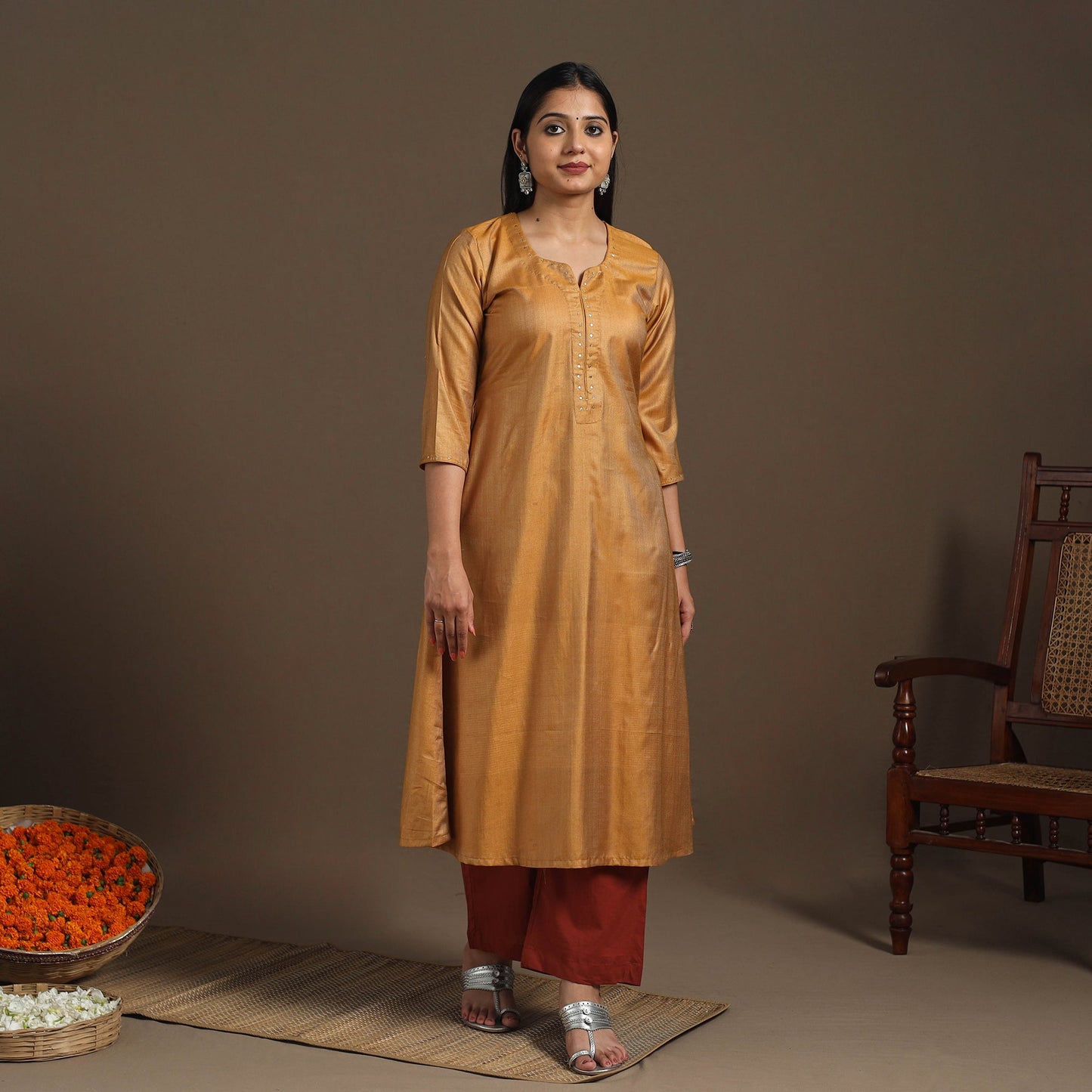 Yellow Handloom Tussar Silk Cotton A-Line Plain Kurta