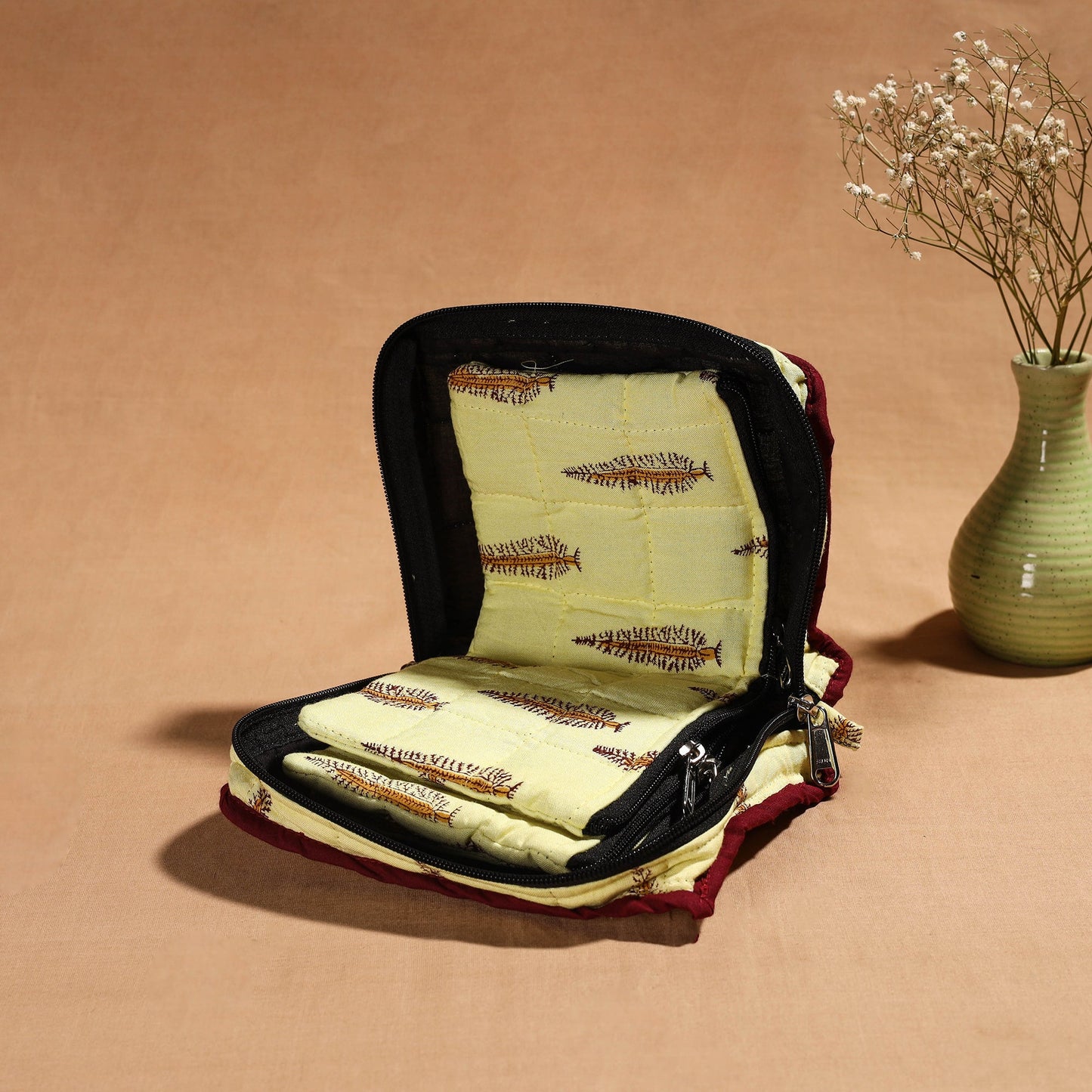 Yellow Handmade 4 Pockets Cotton Jewellery Bag