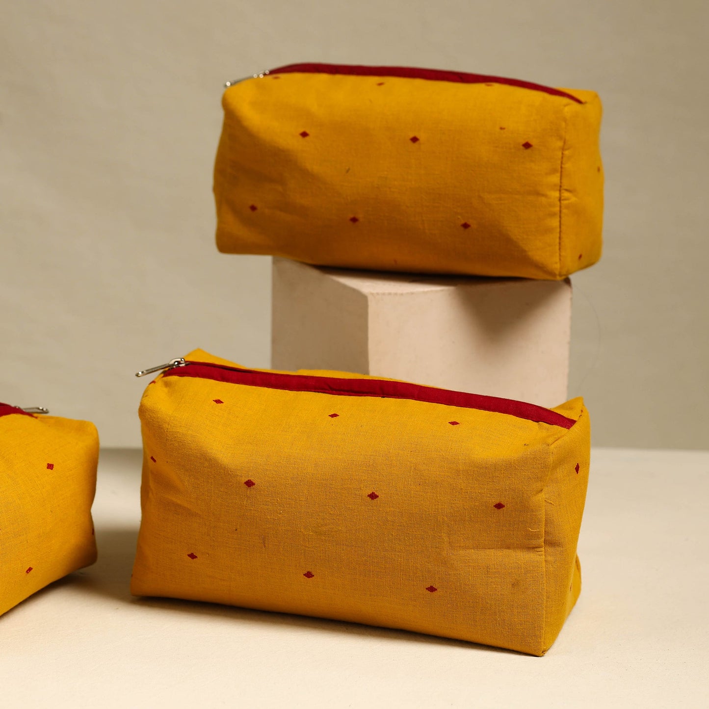 Yellow Handmade Cotton Toiletry Bags (Set of 3)