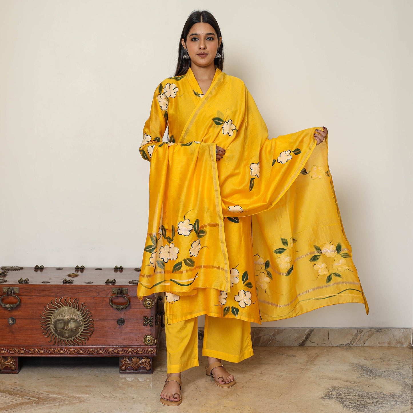 Buy Handpainted Chanderi Silk Kurta Set with Palazzo & Dupatta