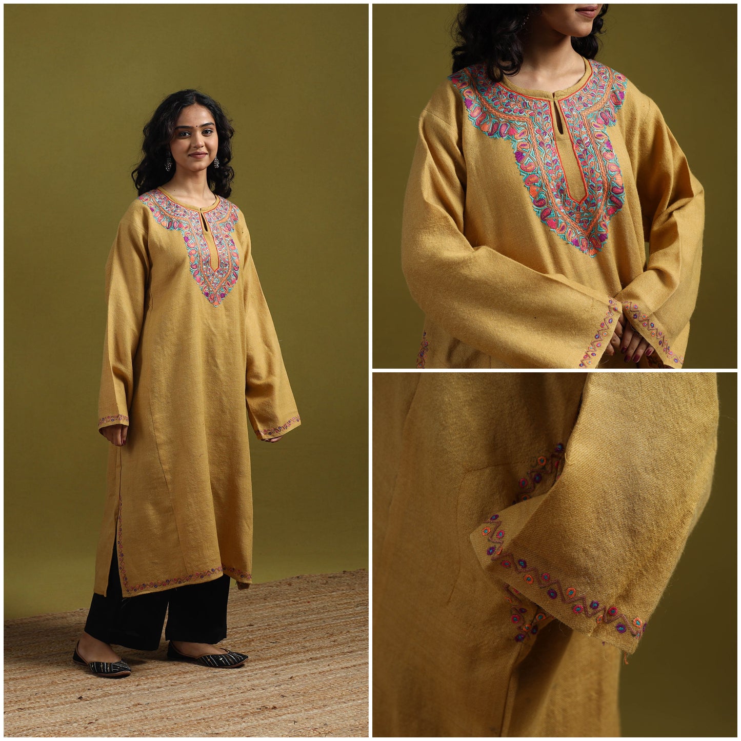 Handwoven aari hand embroidered kashmiri merino wool pheran