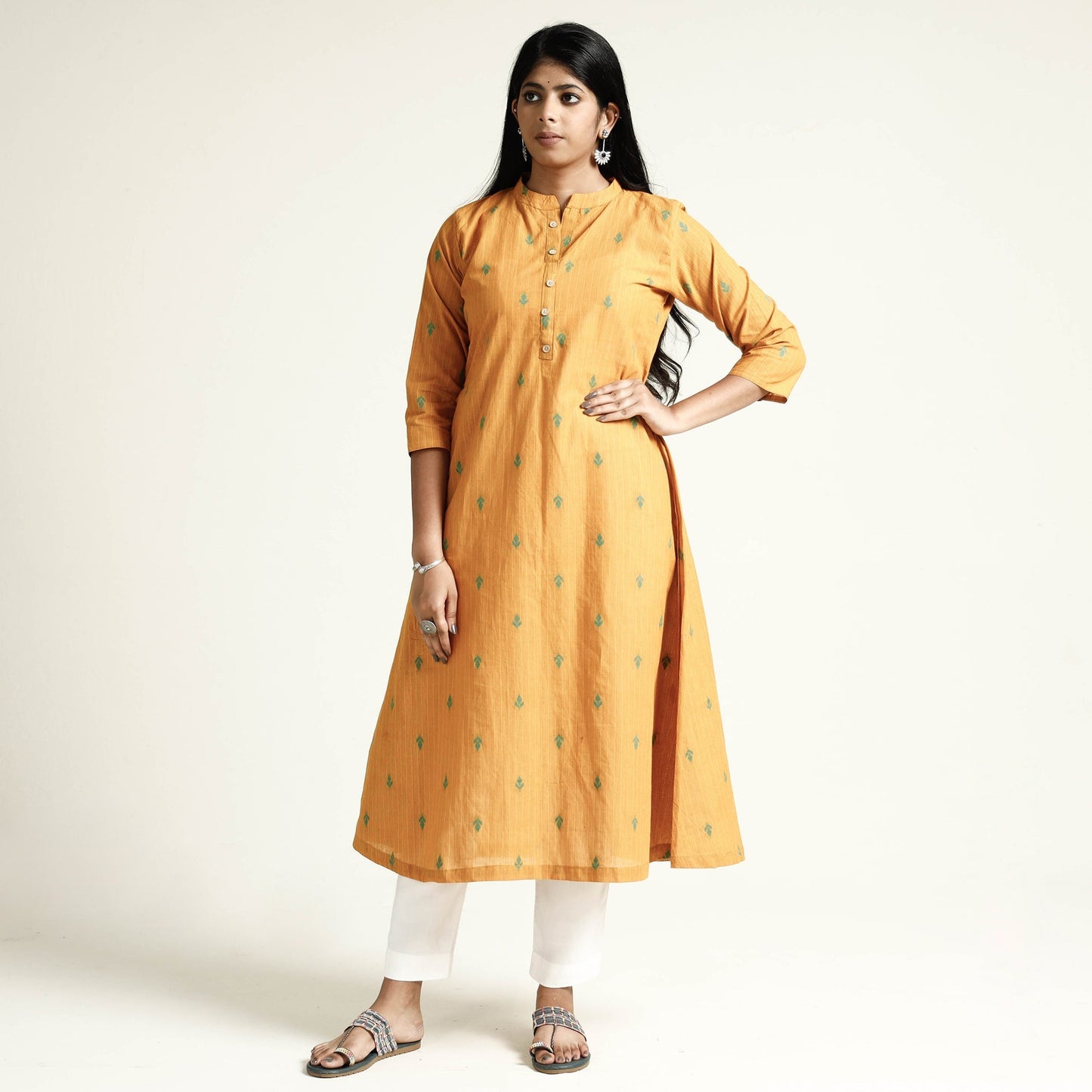 Yellow - mustard jacquard cotton long kurta - handcrafted
