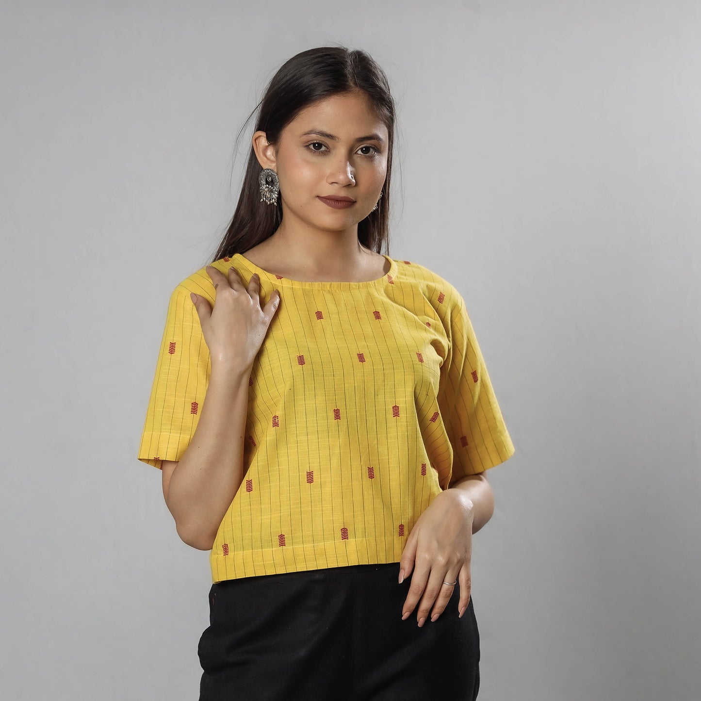 Jacquard Half Sleeve Cotton Crop Top