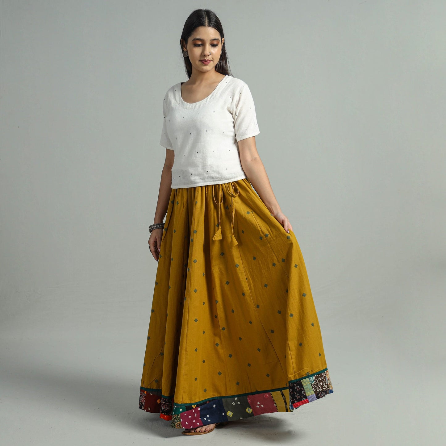 Yellow Jacquard Patchwork 24 Kali Cotton Long Skirt