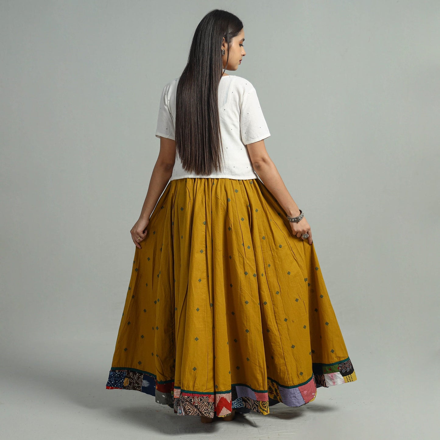 Yellow Jacquard Patchwork 24 Kali Cotton Long Skirt