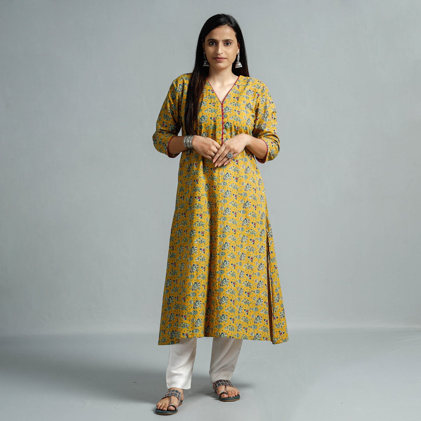 Kalamkari Printed Cotton Flared Kurta For Women