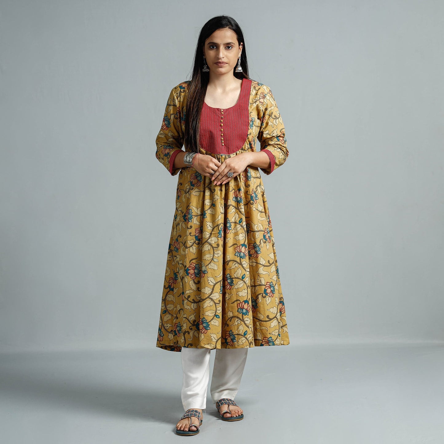 Kalamkari Printed Cotton Flared Kurta For Women