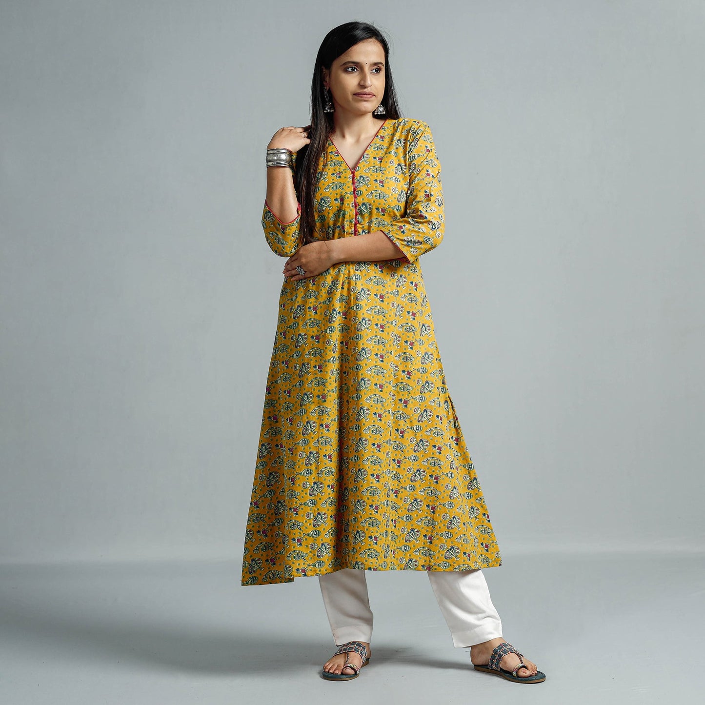Kalamkari Printed Cotton Flared Kurta For Women