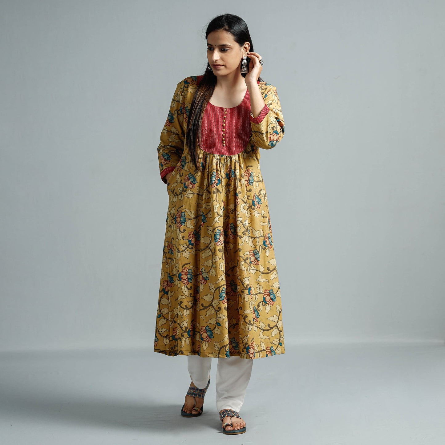 Kalamkari Printed Cotton Flared Kurta For Women