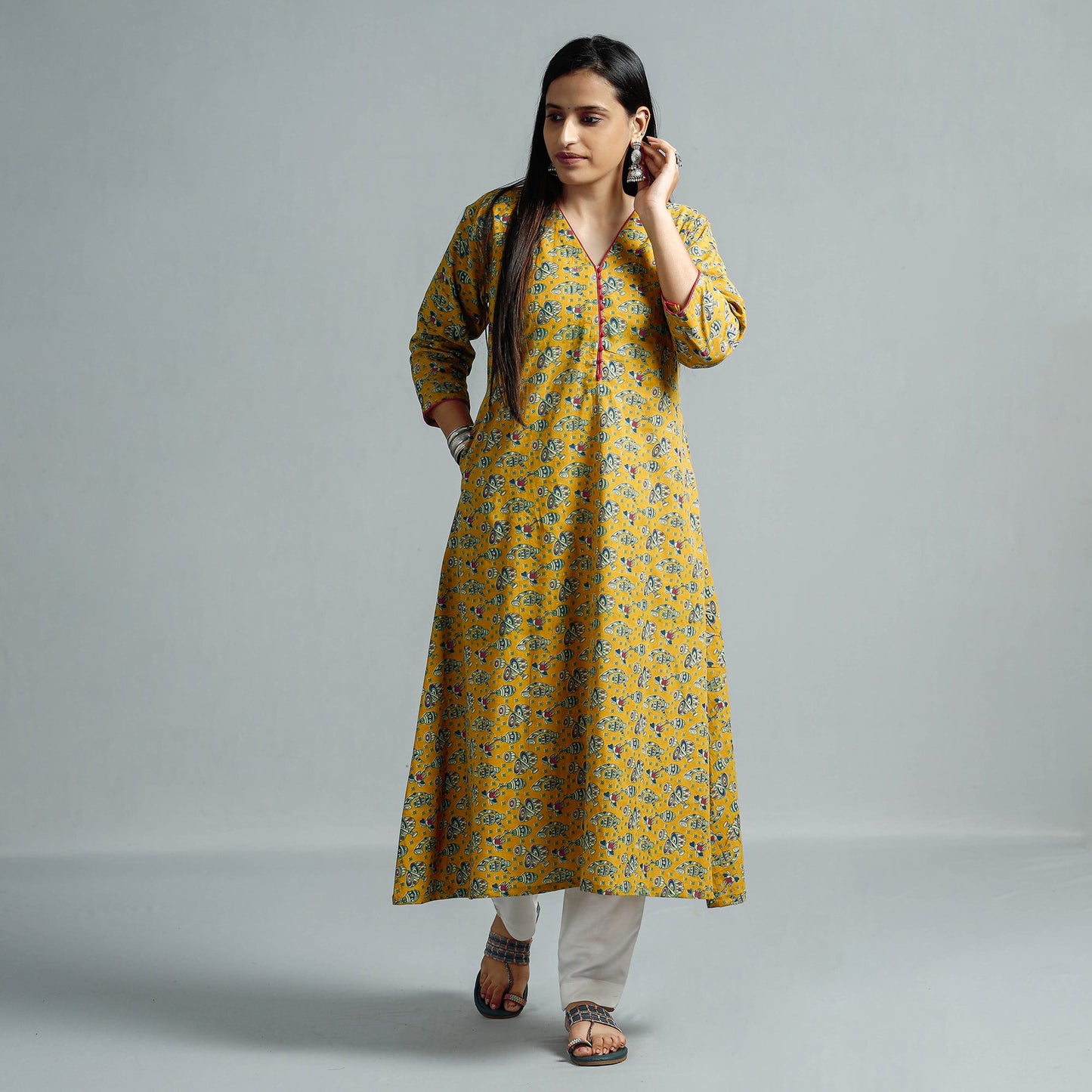 Kalamkari Printed Cotton Flared Kurta For Women