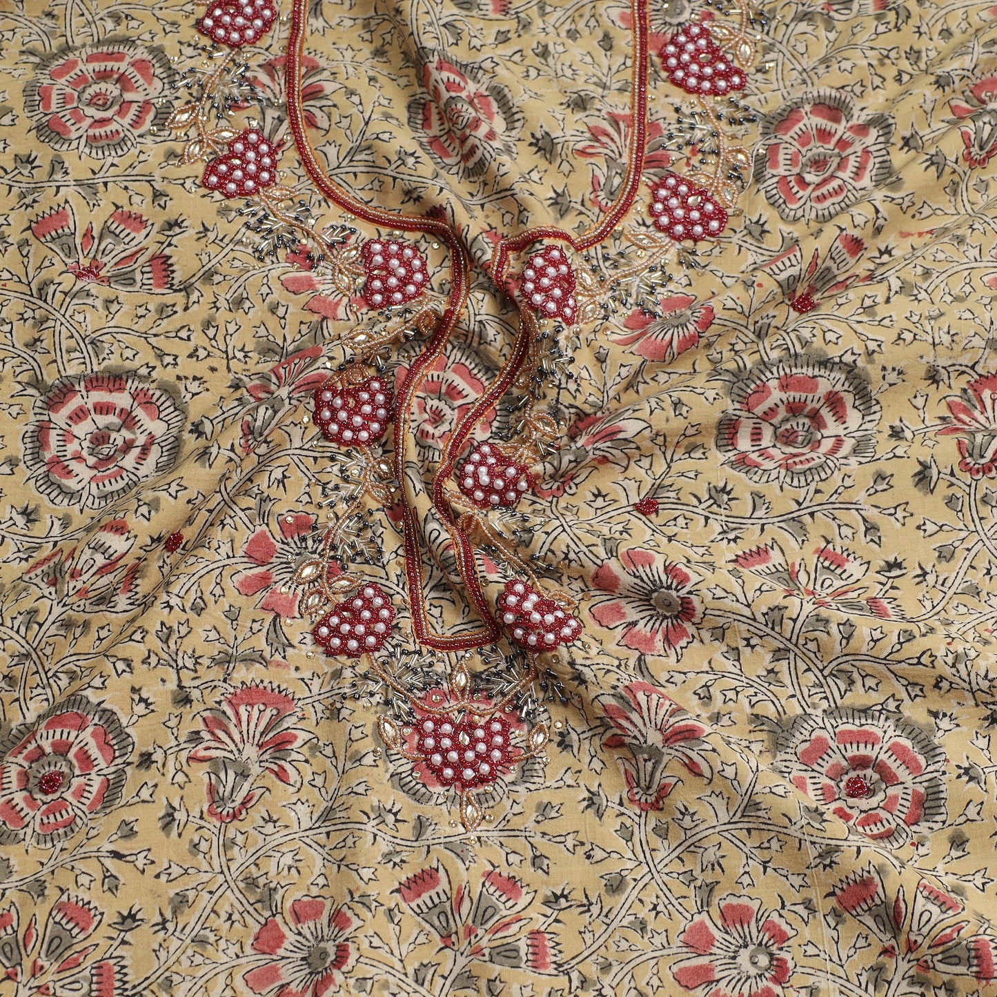 Kalamkari Block Printed Kundan & Bead Work Hand Embroidery Cotton Kurta Material