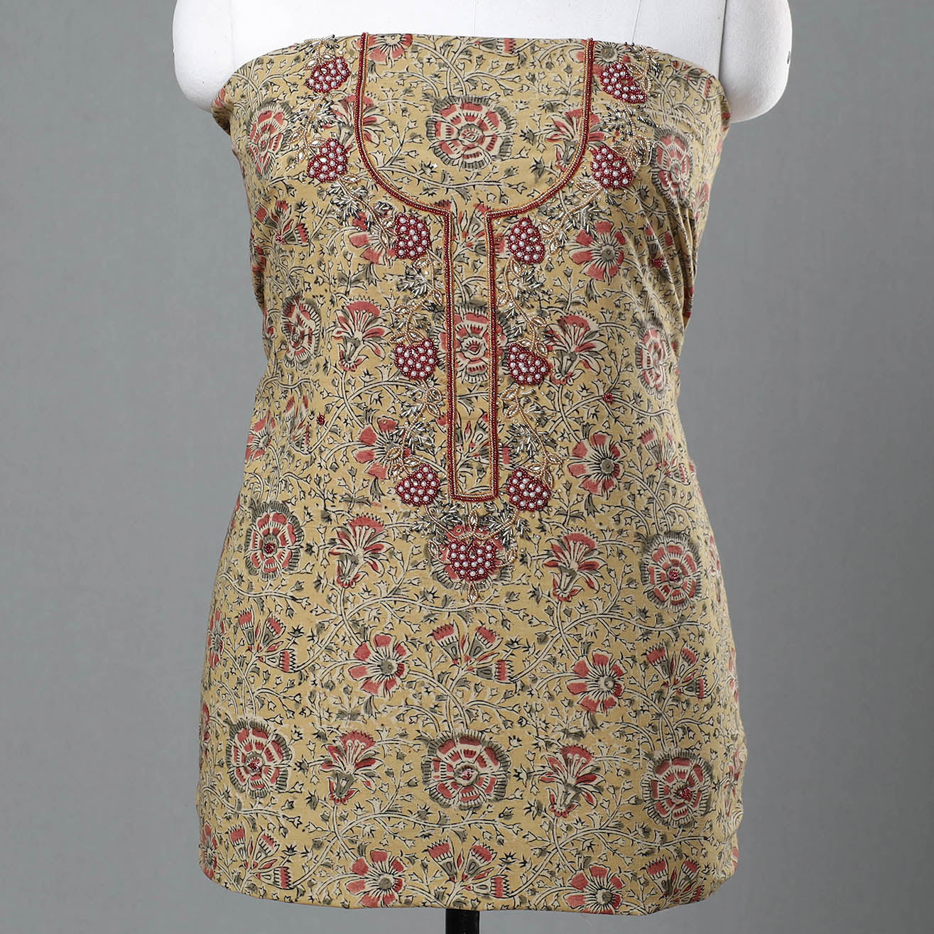Kalamkari Block Printed Kundan & Bead Work Hand Embroidery Cotton Kurta Material