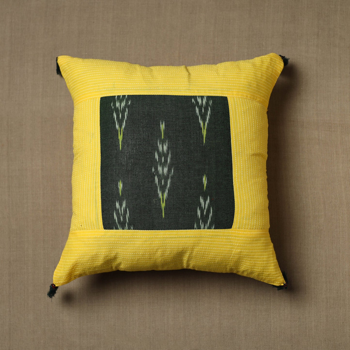 Yellow - Kantha Stitch Ikat Cotton Cushion Cover (16 x 16 in) 18