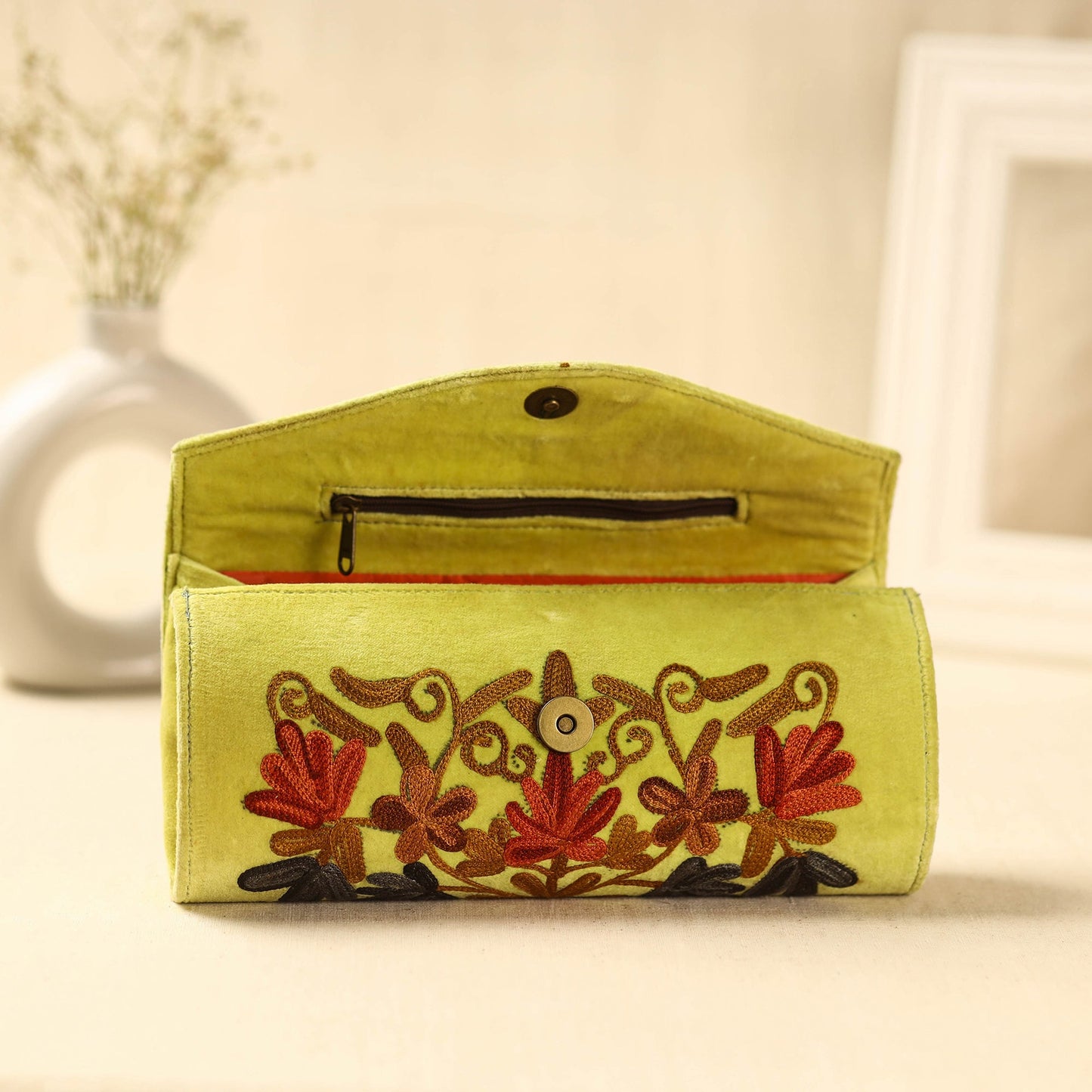 Yellow Kashmiri Crewel Hand Embroidery Velvet Clutch