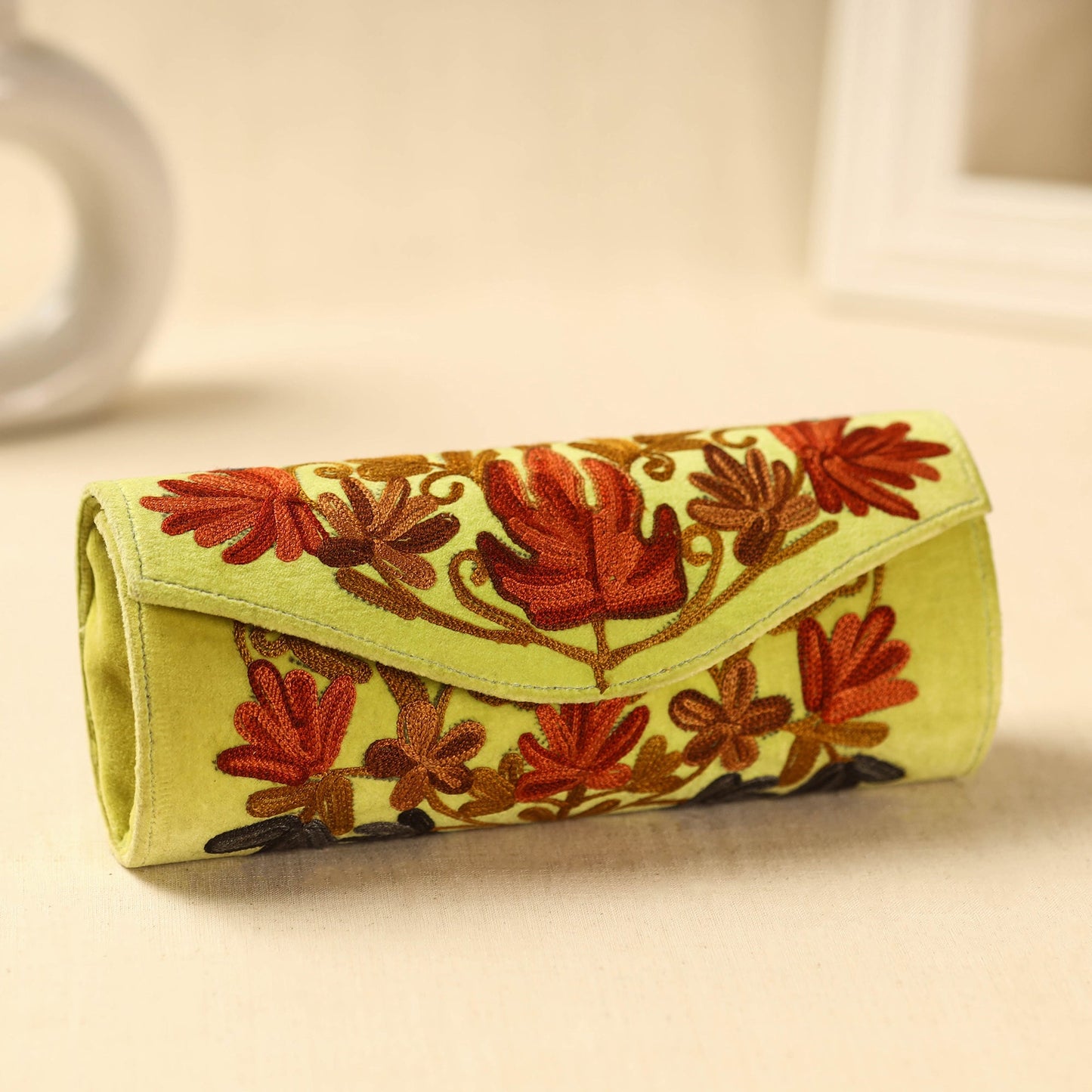 Yellow Kashmiri Crewel Hand Embroidery Velvet Clutch
