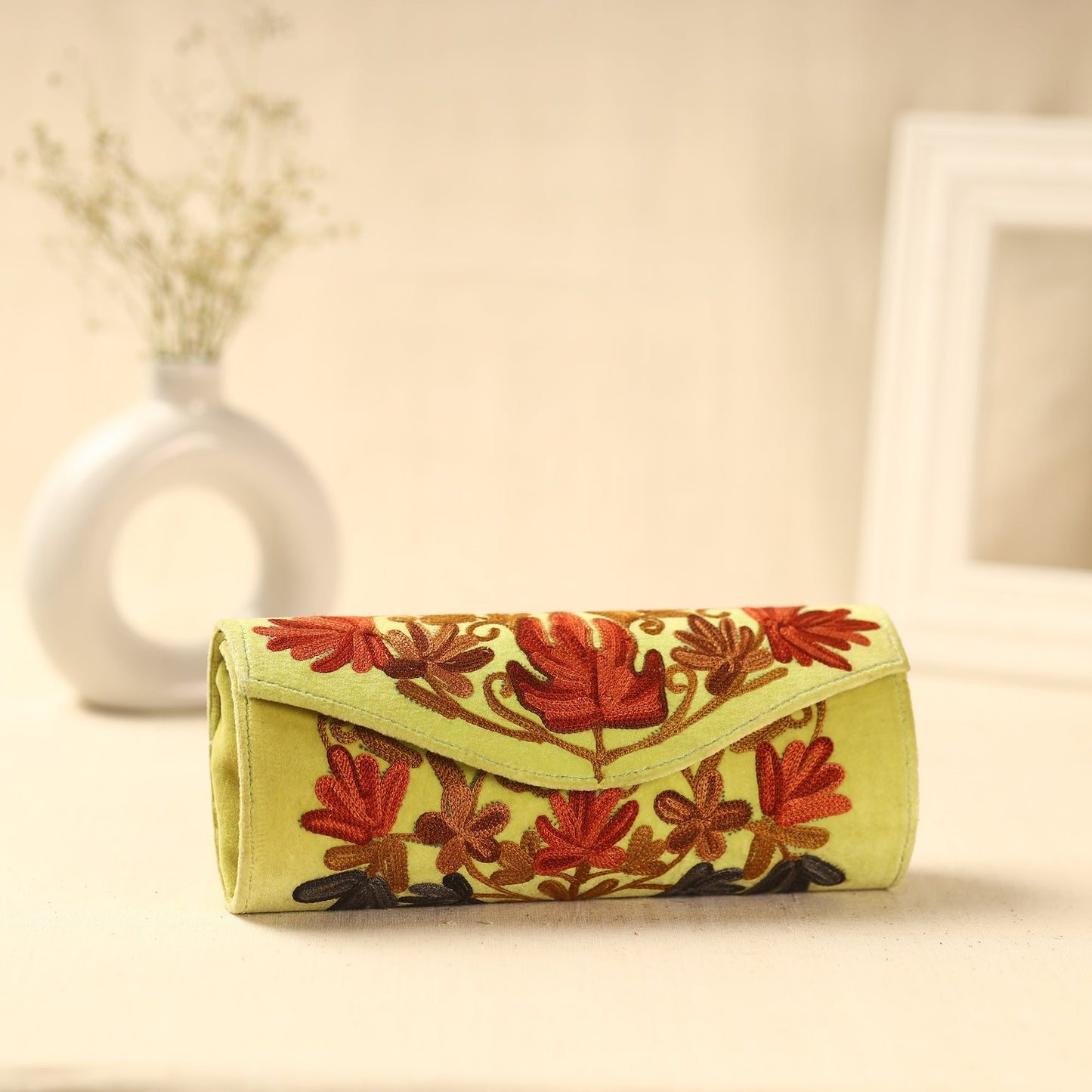 Yellow Kashmiri Crewel Hand Embroidery Velvet Clutch