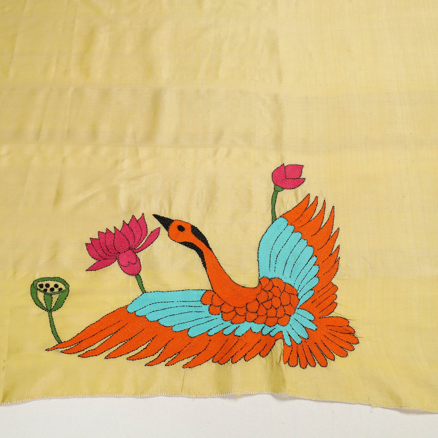 Buy Katan Silk Yellow Bengal Kantha Work Blouse Piece