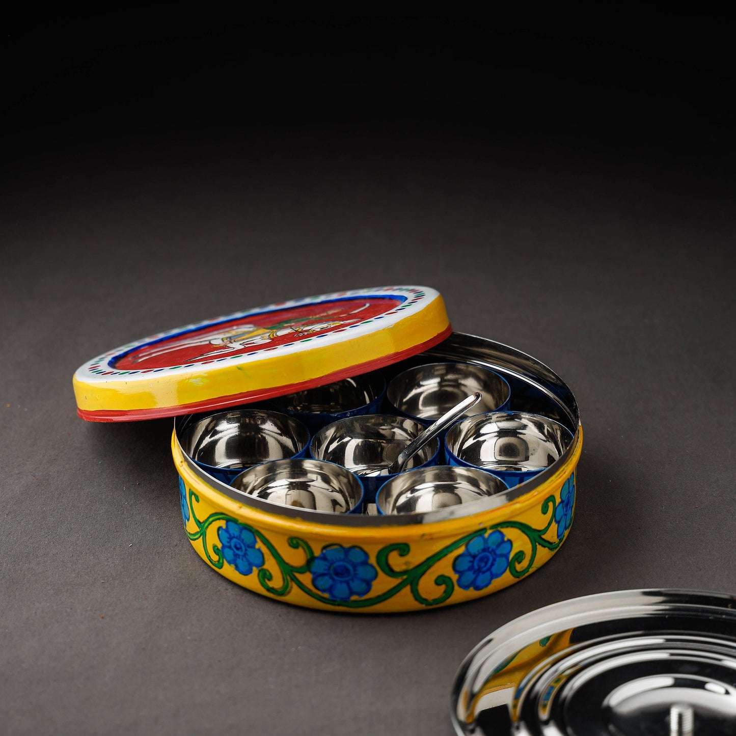 Kavad Handpainted Stainless Steel Yellow Masala Box