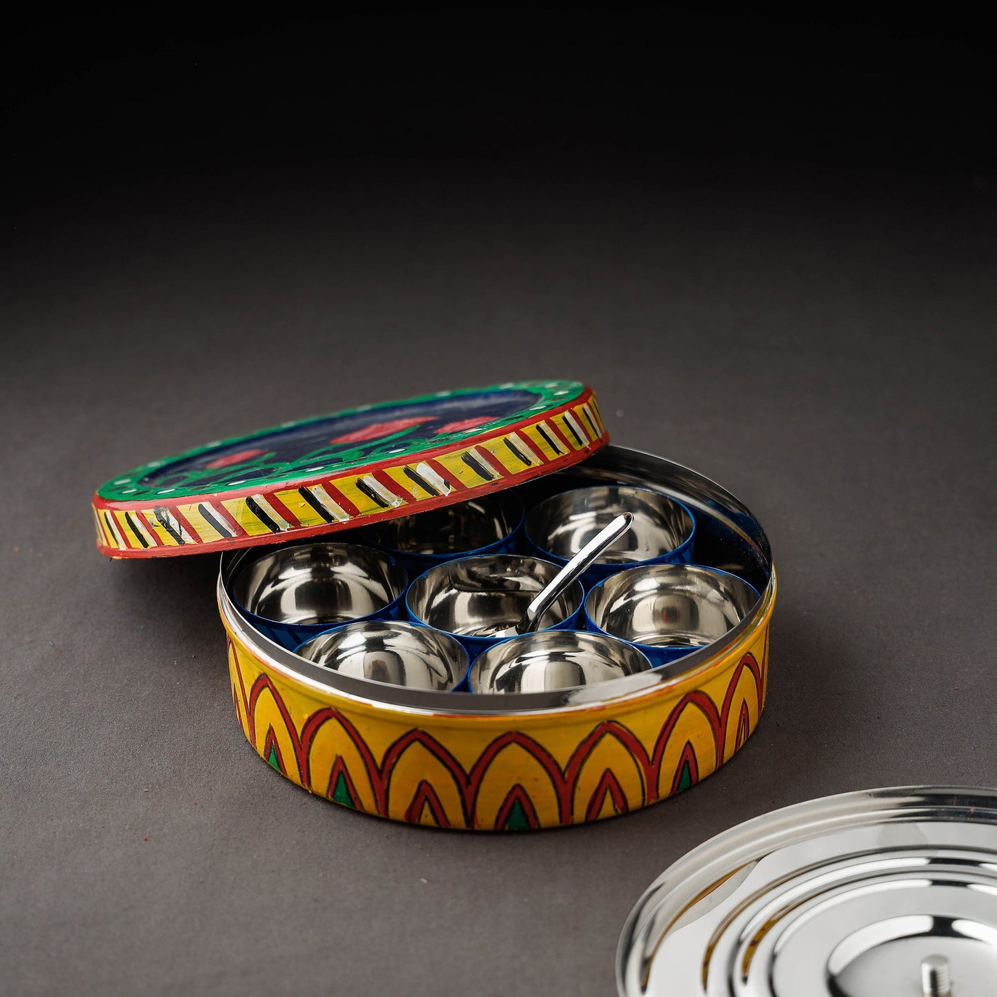 Kavad Handpainted Stainless Steel Yellow Masala Box