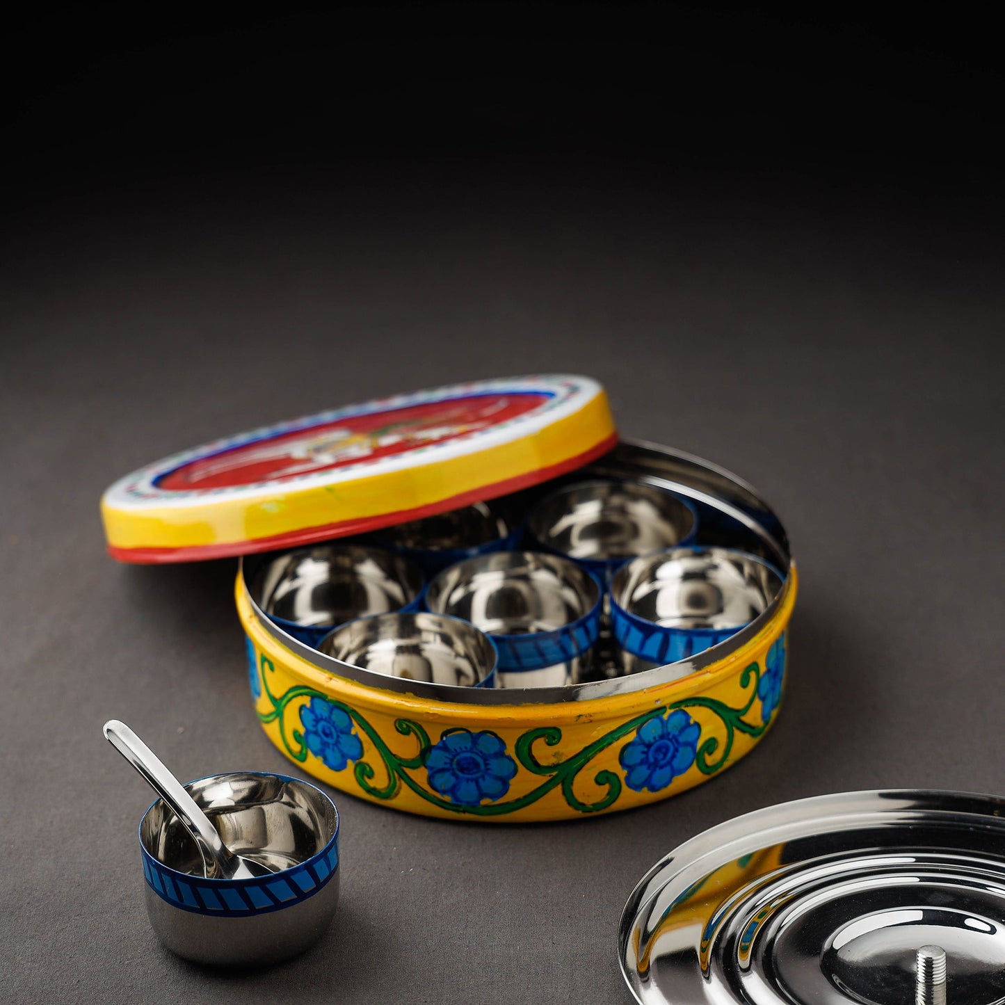 Kavad Handpainted Stainless Steel Yellow Masala Box