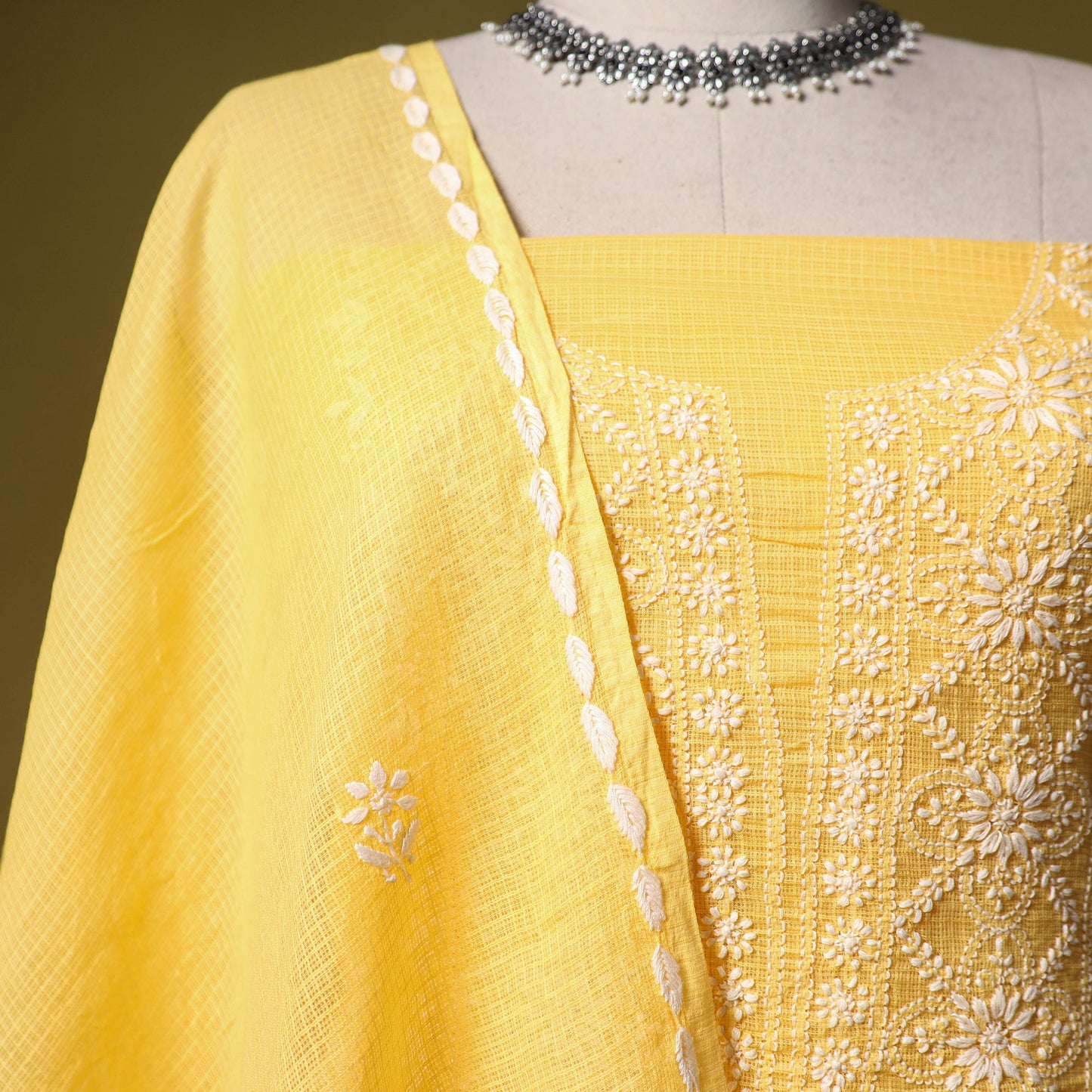 Yellow - kota doria cotton lucknow chikankari 2pc