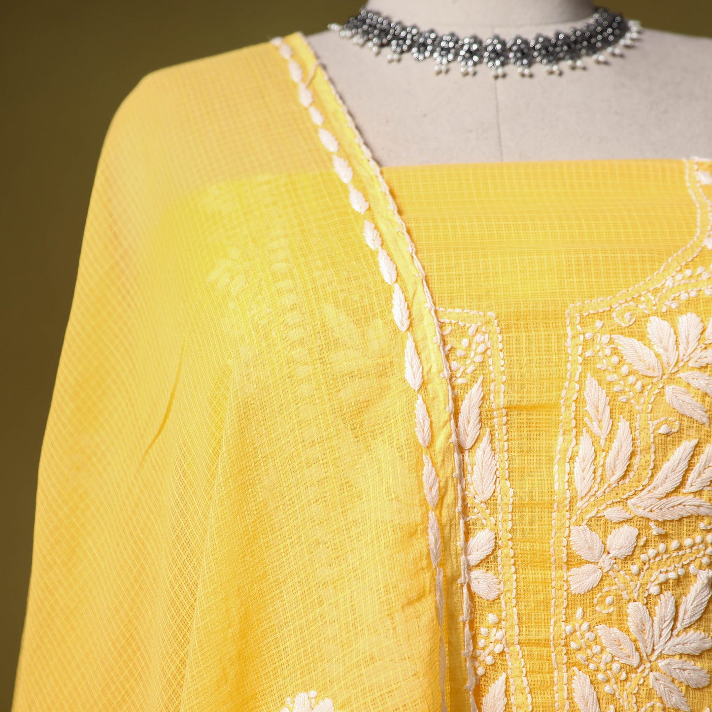 Yellow - kota doria cotton lucknow chikankari 2pc