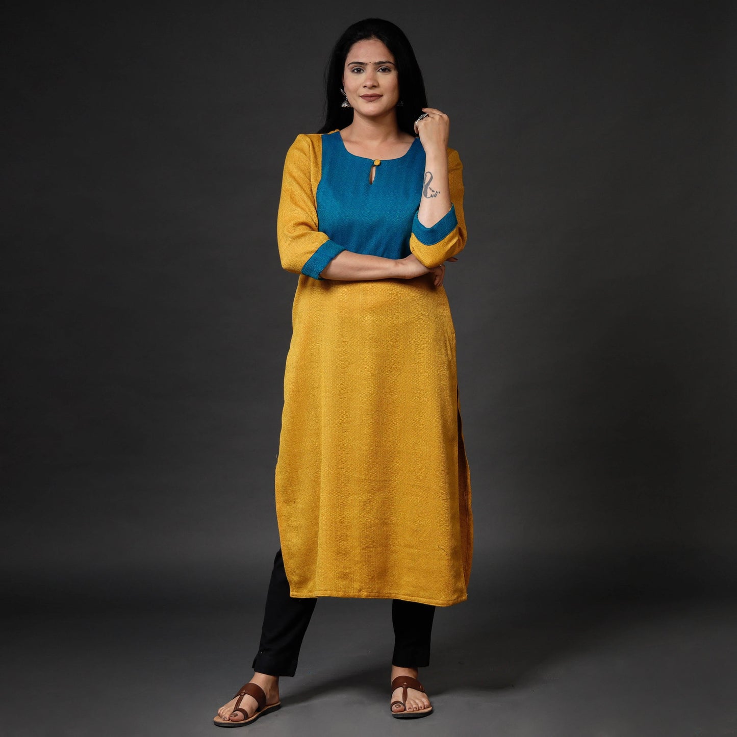 Yellow Kumaun Handwoven Merino Woolen Long Kurti