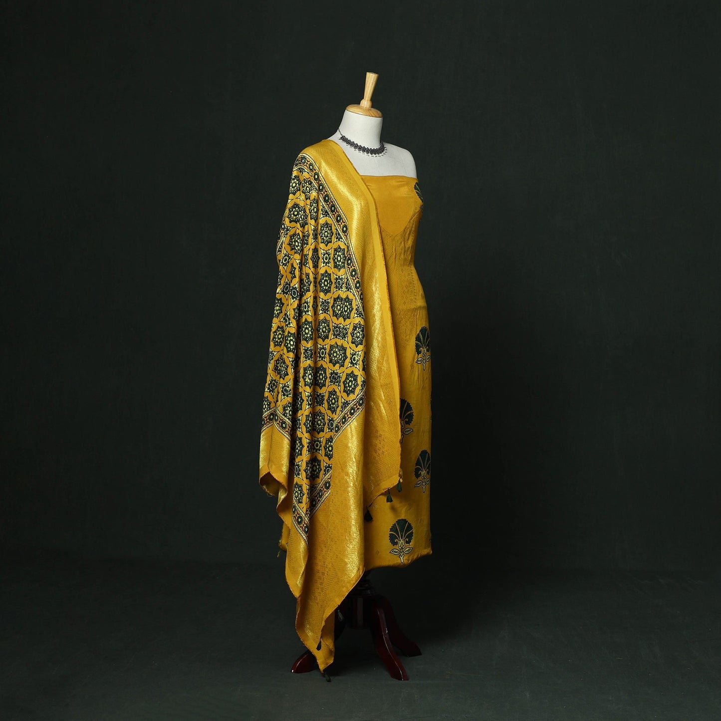 Kutch hand block ajrakh print natural dyed dola silk zari