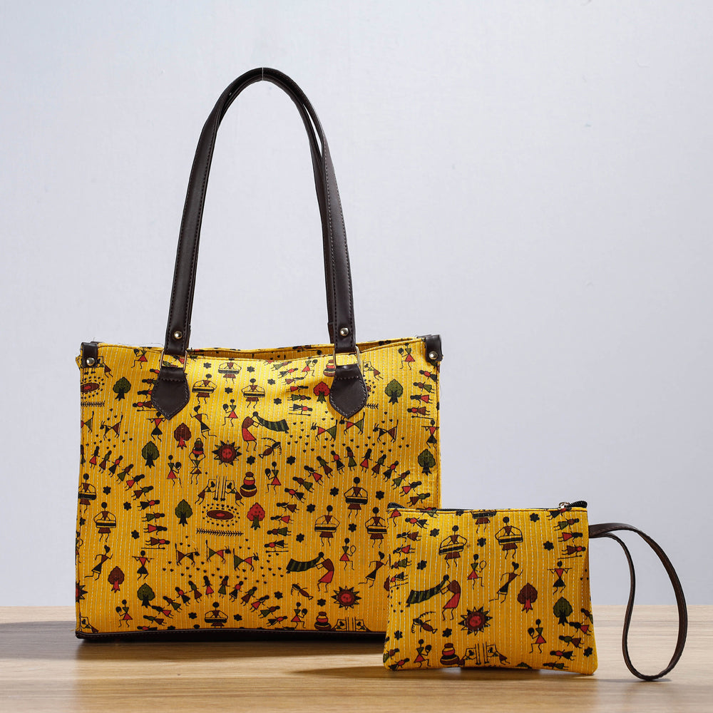 Yellow Kutch Handcrafted Cotton Running Sticth Shoulder Bag (Set of 2)