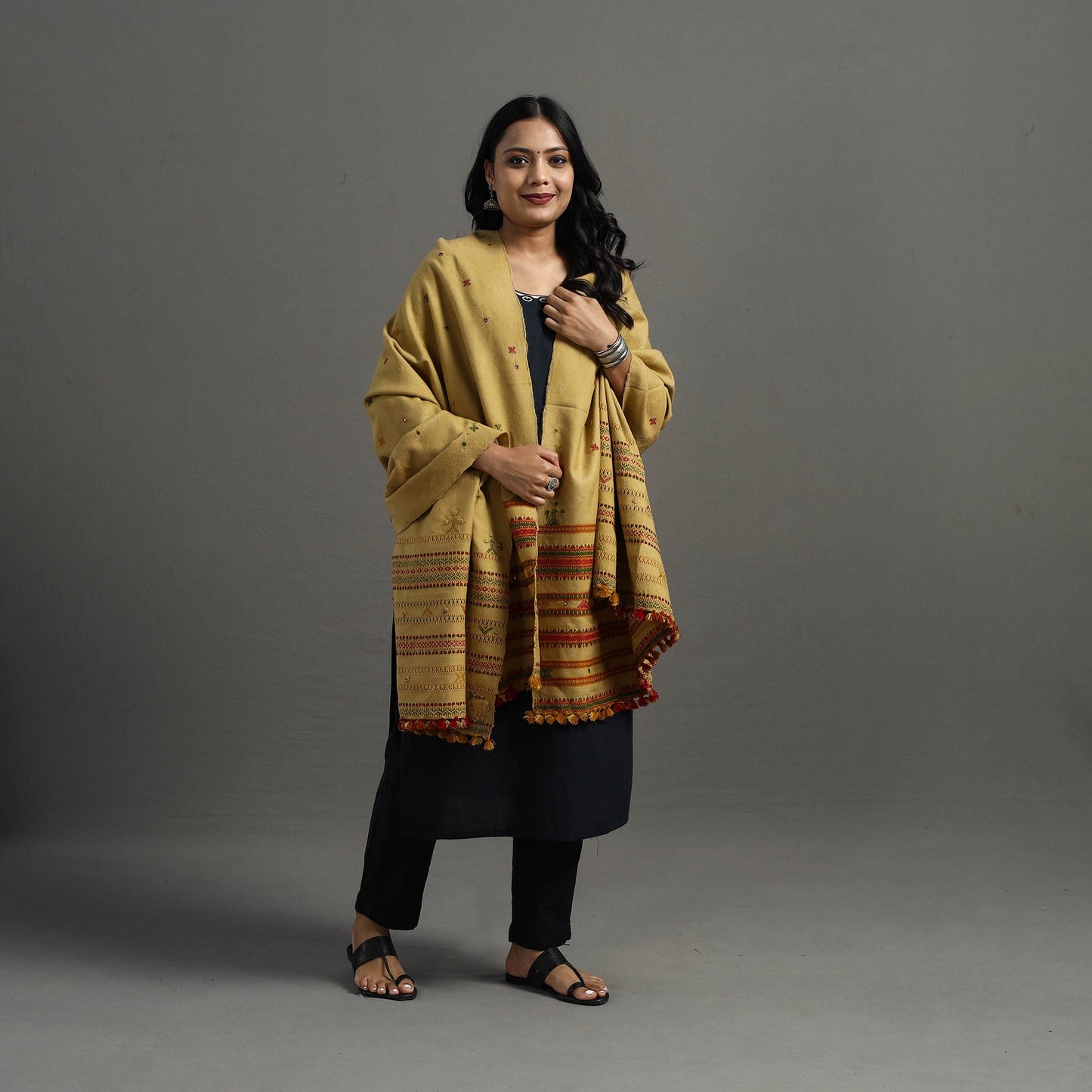 Yellow Kutch Handwoven Mirror Work Woollen Shawl