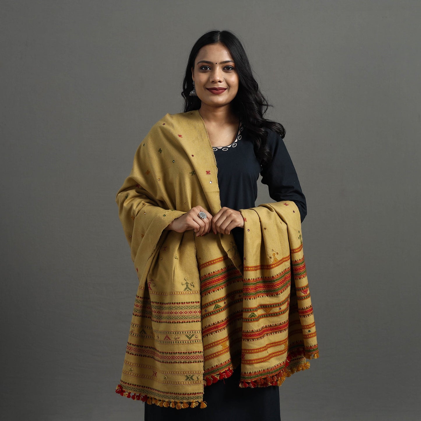 Yellow Kutch Handwoven Mirror Work Woollen Shawl