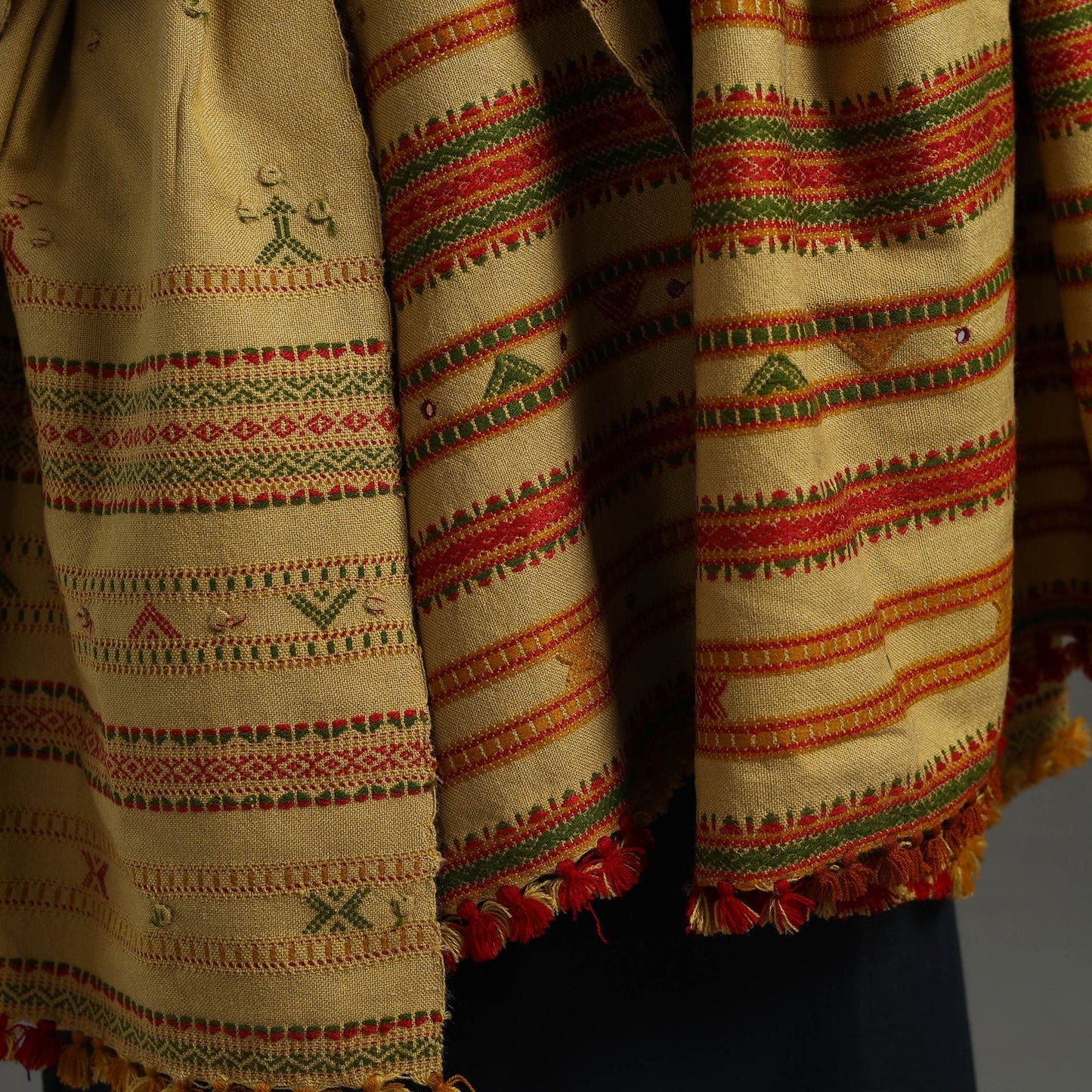 Yellow Kutch Handwoven Mirror Work Woollen Shawl