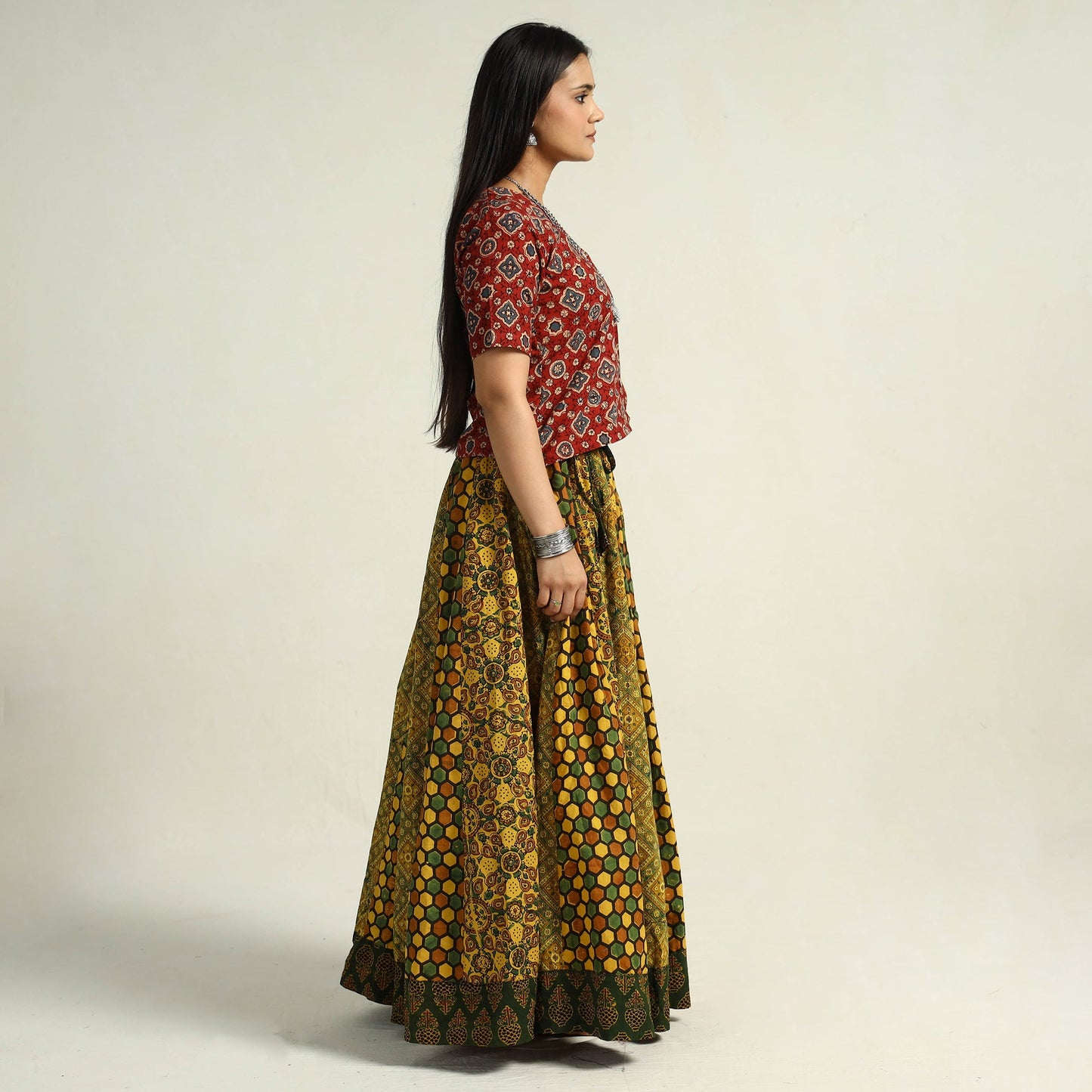 Yellow - kutch printed 24 kali cotton long skirt 33