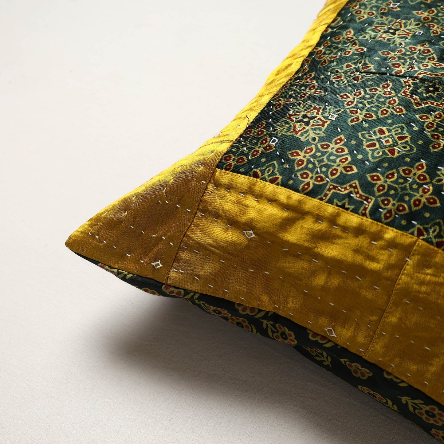 Yellow - kutch tagai work mashru silk patchwork cushion