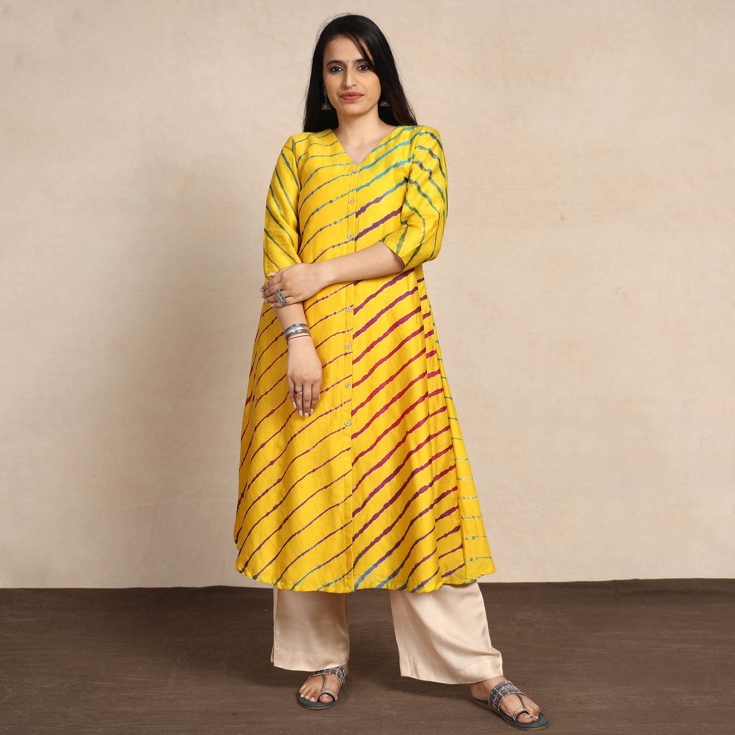 Leheriya Tie-Dye Chanderi Silk Long Kurta