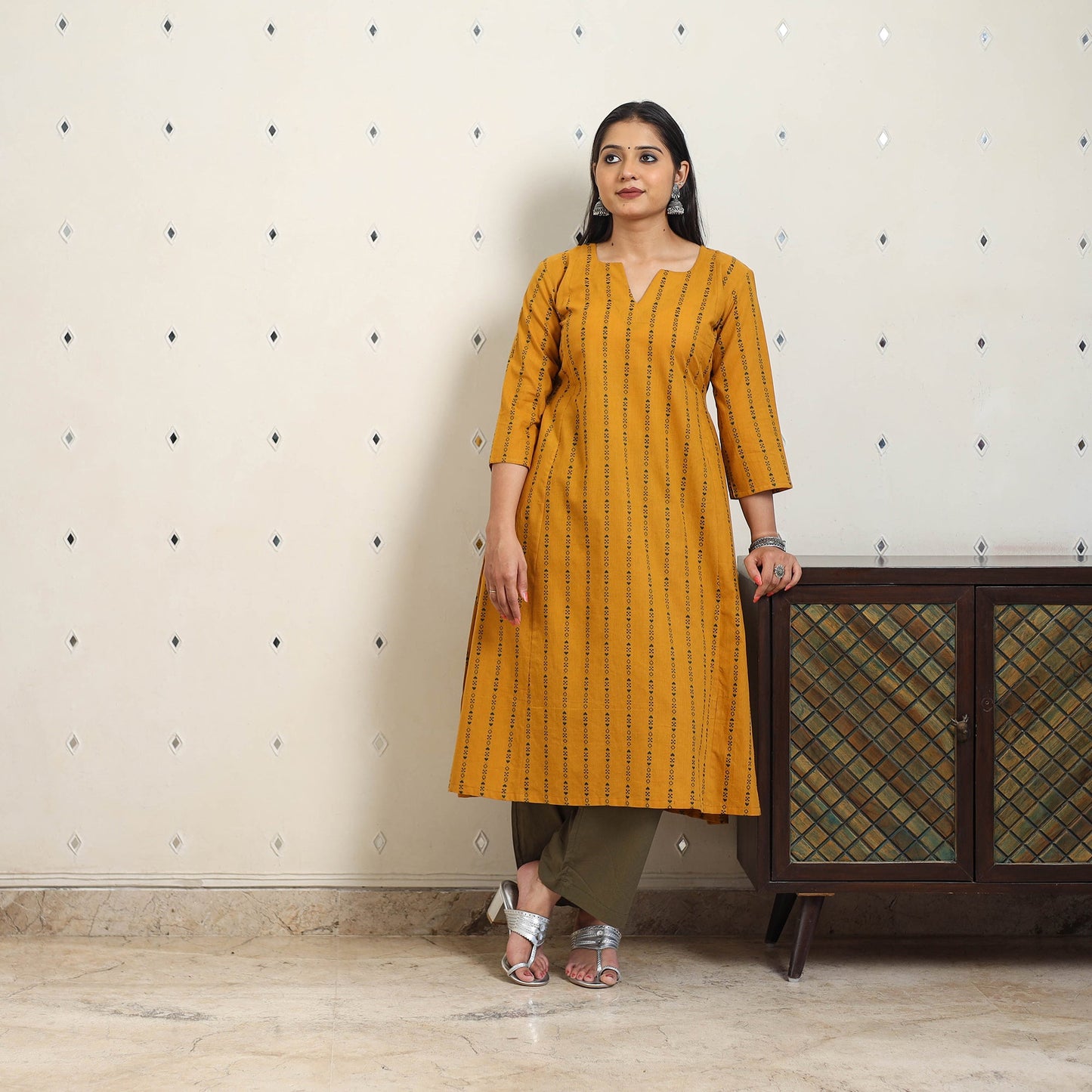 Yellow A-Line Cotton Jacquard Kurta