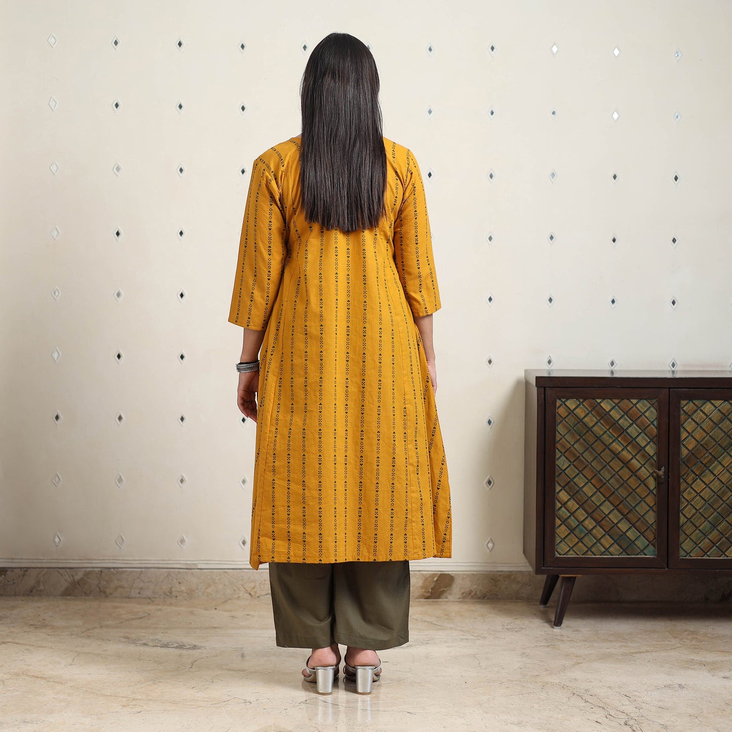 Yellow A-Line Cotton Jacquard Kurta