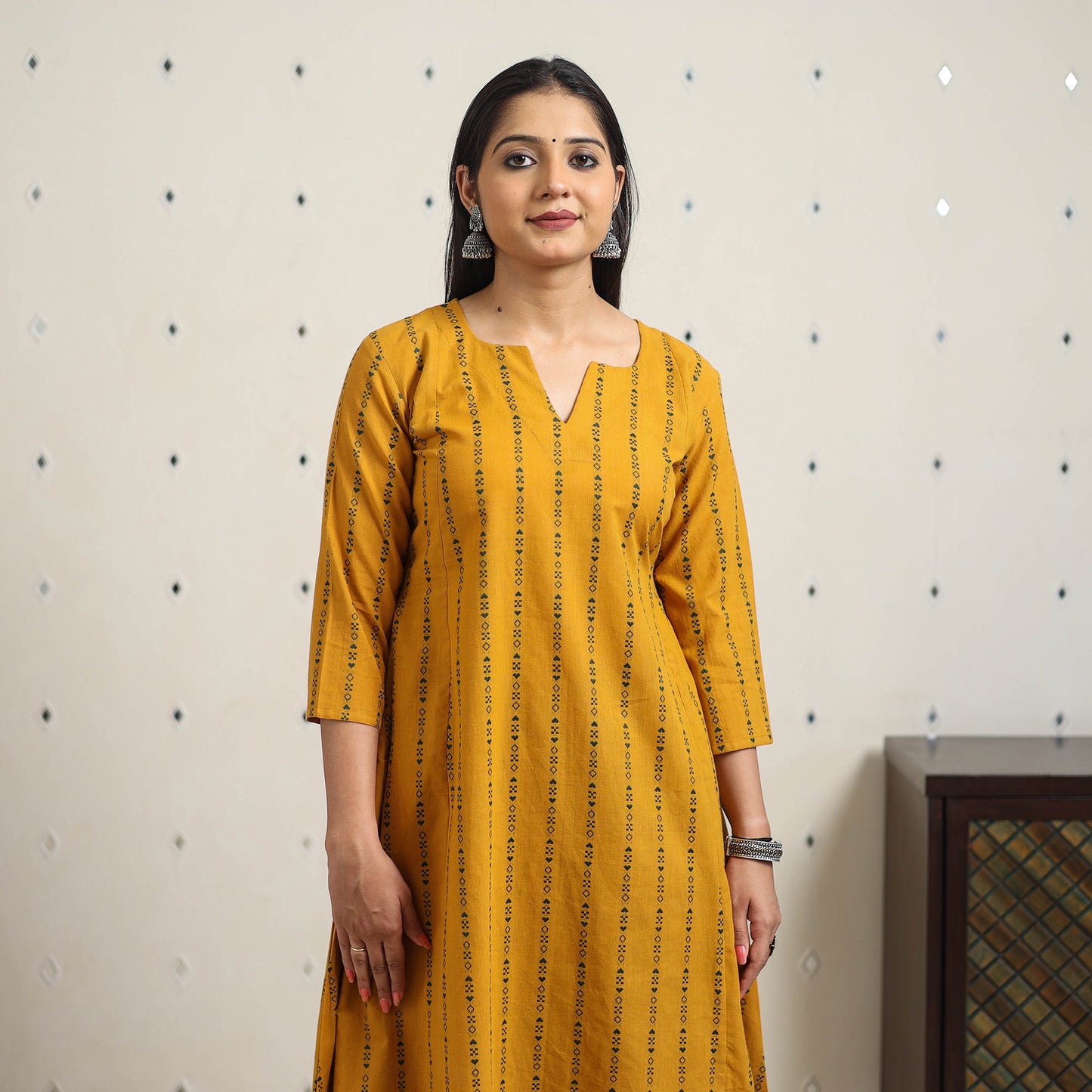 Yellow A-Line Cotton Jacquard Kurta